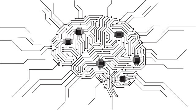 AI brain circuit board concept illustration showing neural network processing nodes for artificial intelligence and machine learning design