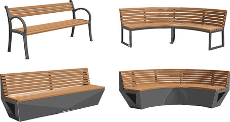 Outdoor Wooden Bench Icon Set with Various Park Seating Designs for Garden, Urban, and Public Space Illustrations © Galib