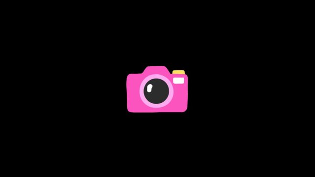 Animated pink camera emojis turning white on black background
