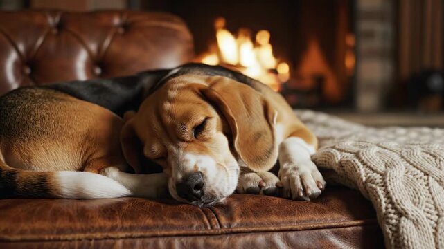 Adorable tri-color beagle puppy comfortably naps on a plush leather sofa next to a warm, crackling fire creating a cozy and inviting domestic scene