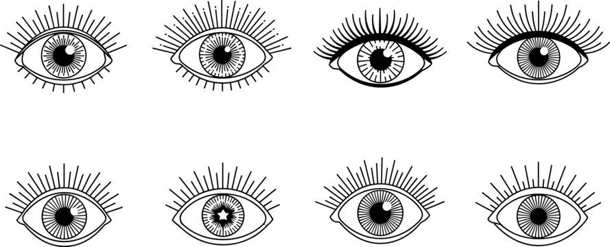 Mystical Evil Eye Line Art Vector Icon Set Featuring Hand Drawn Esoteric Celestial Eyelashes and Pupil Symbols for Bohemian Tattoo or Graphic Designs