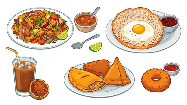 Sri Lankan Food and Street Food Vector Illustration Set with Kottu Roti, Egg Hopper, Short Eats, Fish Patty, Samosa, Ulundu Vadai, and Woodapple Juice