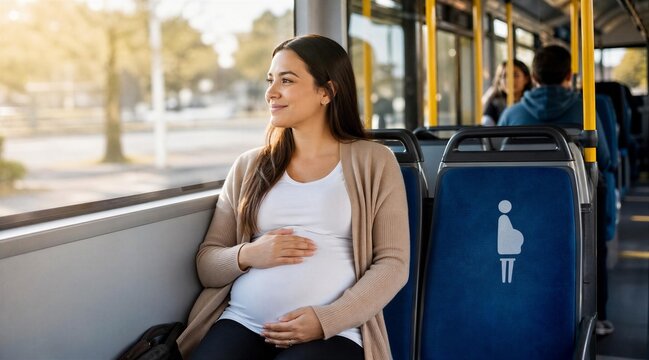 Happy Pregnant Woman Sitting in Priority Seating on Public Bus