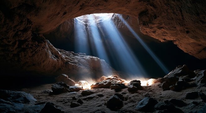 Sunlight streams through a large hole in the ceiling of a natural rocky cavern creating dramatic vertical beams of light on the dark dusty stone floor