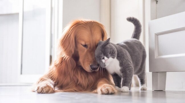 Golden Retriever and Cat Cuddling in a Bright Modern Home