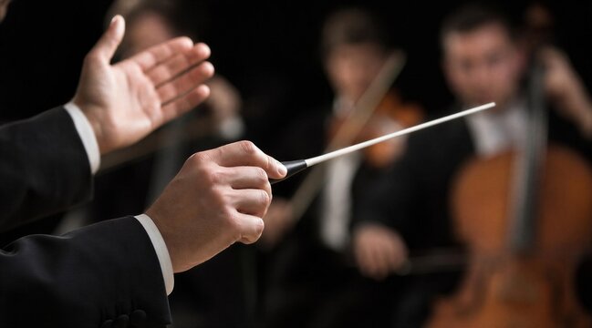 Symphony orchestra conductor directing with baton during performance