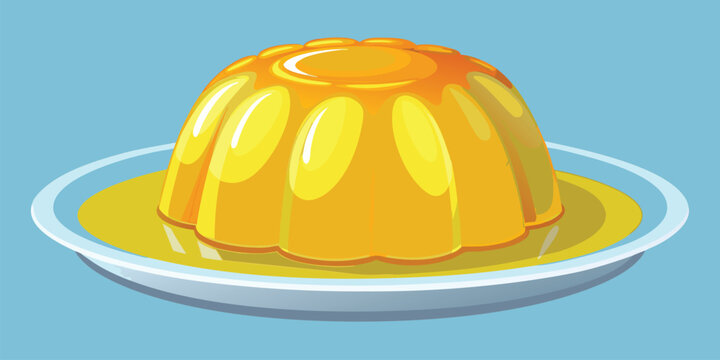 Graphic illustration of yellow gelatin dessert on white plate with sweet syrup topping isolated against light blue background food art for culinary projects restaurant branding or dessert advertising.