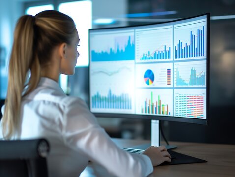 Female financial analyst reviewing data charts on computer monitor