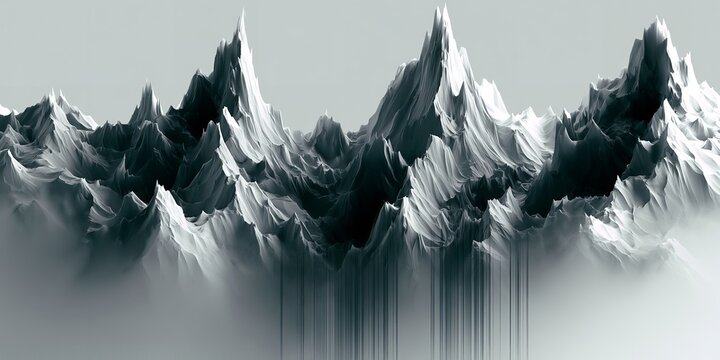 Abstract towering mountain range with sharp jagged peaks rendered in high contrast white and black with vertical dripping light effects against a grey background