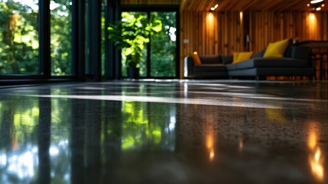 The polished concrete floor of a modern living room reflects bright light streaks and lush green foliage from large glass windows overlooking a dense forest