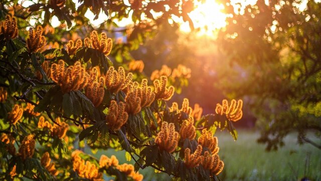 Orange catkin clusters glowing under golden sunset light