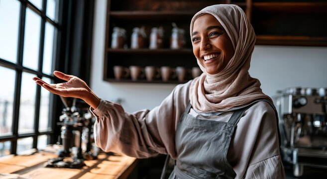 A smiling woman wearing a beige hijab and dark apron stands in a rustic cafe gesturing with an open palm towards a window in natural light