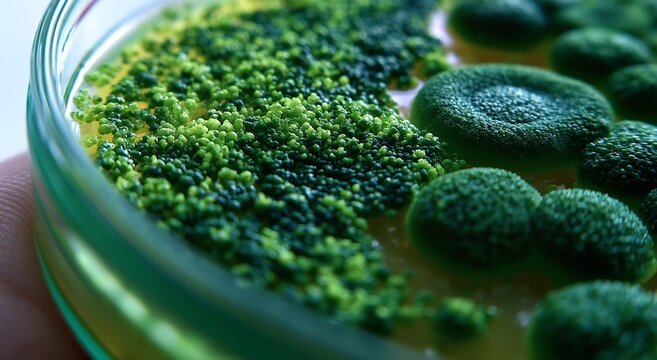 Dense dark green bacterial growth clusters inside a circular petri dish filled with yellow agar medium captured in a detailed macro laboratory photography setting