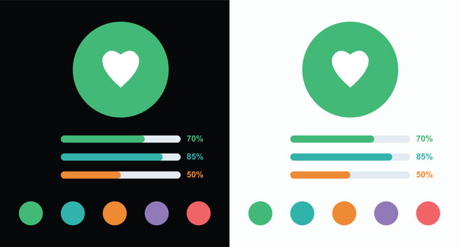Green heart like button with progress bar and colorful circular icons on dark background