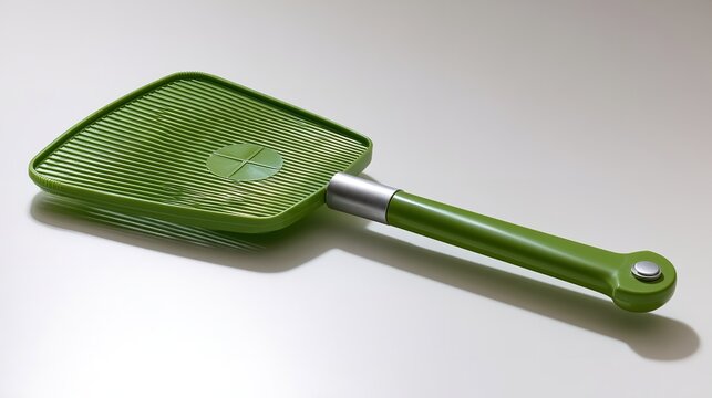 A lime green plastic fly swatter featuring a textured mesh surface and a sturdy silver connector lies horizontally across a clean bright minimalist studio background