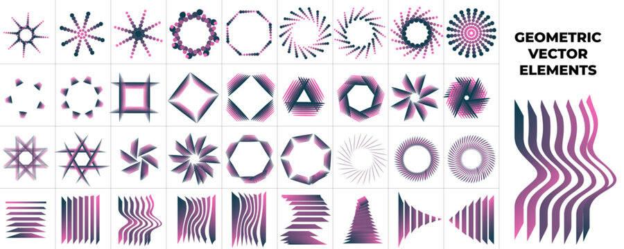 Y2K abstract geometric vector elements set with neon gradient symbols, optical spiral shapes and retro futuristic decorative patterns