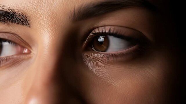 Close-up shot of a pair of brown eyes, thick lashes, and eyebrows. Skin is visible