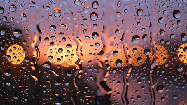 Warm bokeh light circles shimmering behind rainy window