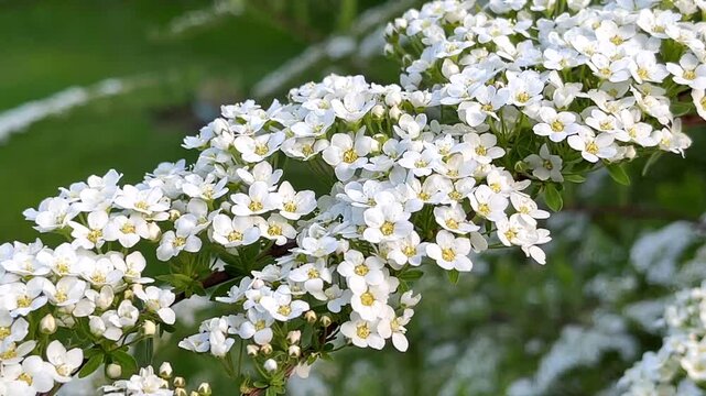 A beautiful close-up of a flowering Spiraea Grefsheim, Grefsheim Spirea, branch. Tiny, dense white blossoms with yellow centers pack the stem, creating a soft, elegant springtime texture.