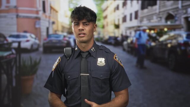 Man police officer speaking into shoulder radio with badge visible and hand mid gesture on street near parked cars and cafe; duty public service.