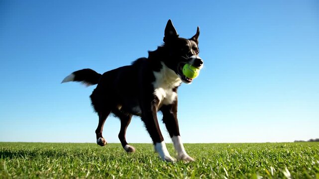 Energetic black and white border collie dog joyfully leaping across a sunlit vibrant green grassy field under a clear brilliant blue sky while enthusiastically catching a neon yellow tennis ball