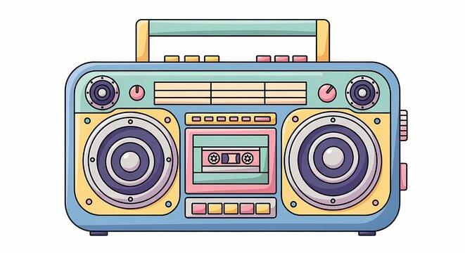 Colorful retro boombox with cassette tape