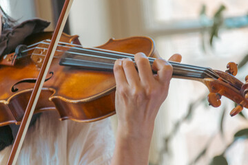 The hand of a violinist. musician performing at an outdoor wedding. Curl with violin neck close up. The actor performs at a party. musical instrument © Vitalii