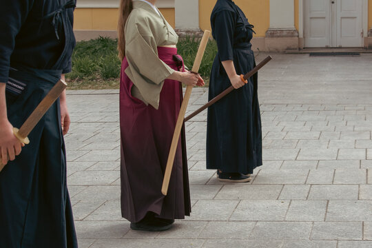 Demonstration by men and women faculties of Japanese traditional martial arts, judo, karate, aikido, kendo