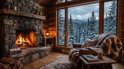 Fototapeta premium Cozy armchair beside lit fireplace in snowy cabin lodge