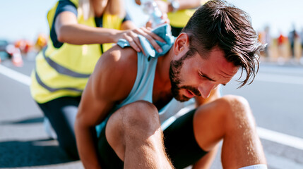 Fototapeta premium Medical volunteer helping exhausted marathon runner suffering from heat exhaustion on race track. Sweating male athlete receiving emergency assistance with cold towel on neck outdoors.
