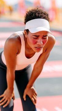 Exhausted Black female runner leaning on knees with flushed red face and heavy sweating after intense race. Overheated athlete suffering from heat exhaustion on outdoor track.