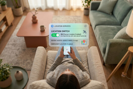 A woman relaxes in a living room armchair while using a smartphone, with a floating location services control panel displayed above the device.