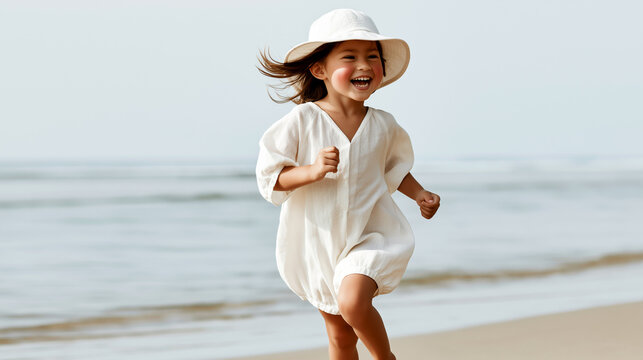 Laughing girl in white linen romper and sun hat running freely along sandy beach. Carefree child enjoying safe summer vacation by the sea with rosy cheeks and windswept hair.