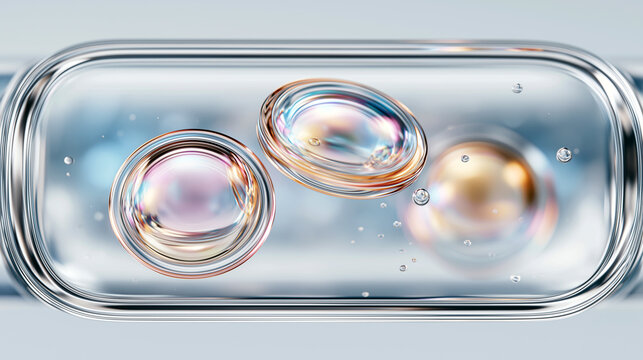 Three iridescent synthetic corneal implant discs floating in sterile saline solution inside metallic surgical tray. Next-generation bioprinted eye transplant components for regenerative ophthalmology.