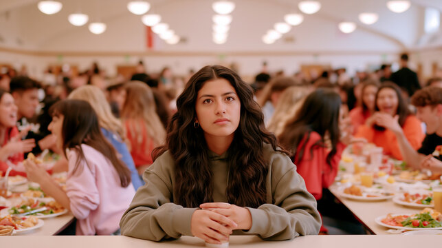 Lonely Latina teenage girl sitting alone at crowded school cafeteria table during lunch, staring forward with serious expression while cheerful classmates chat around her. Social isolation concept.