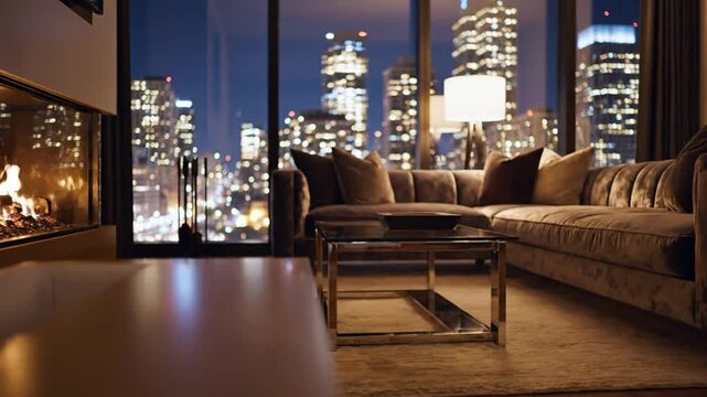 Cozy modern living room with fireplace and city view at night