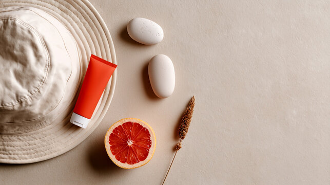 Summer sunscreen tube mockup with bucket hat, fresh grapefruit, smooth stones, and dried botanical on a clean beige background. Minimal skincare flatlay.