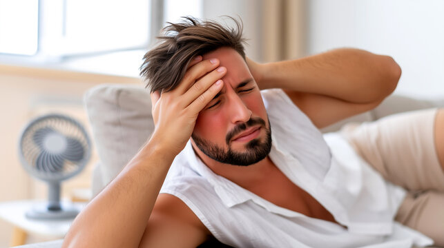 Exhausted young man lies on sofa holding head with flushed red face, suffering from heatstroke symptoms indoors with electric fan running nearby. Summer overheating and heat exhaustion concept.