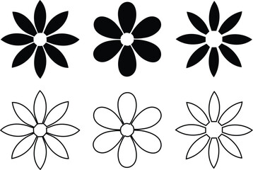 Fototapeta premium Elegant collection of six minimalist floral icons featuring solid black silhouettes and thin outlines for clean graphic design. isolated on transparent background.