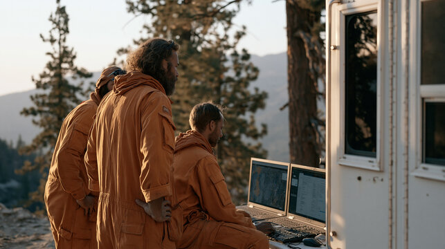 Wildfire mitigation crew using AI risk-mapping software on command vehicle monitors at forest edge, crew gathered around screen, safety gear on, summer dry-season conditions visible in pine landscap