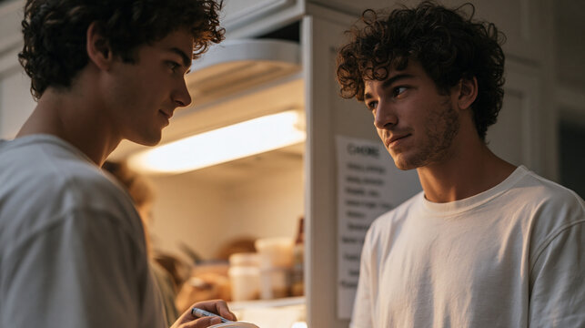 Two twenty-something roommates negotiate refrigerator shelf space in a shared house kitchen, one labeling containers with a marker, the other reviewing a chore schedule taped to the cabinet door, ov