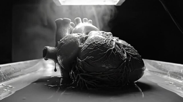 Black and white medical video showing human heart illuminated on a tray with vapor and drips