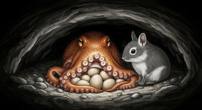 Octopus guarding eggs with a mouse nearby in a dark cave