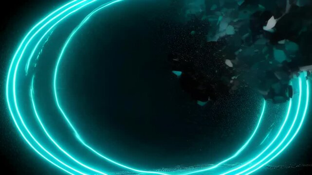 Digital virus hack line music technology sphere with glowing cyan arc and fragmented data particles dark abstract space, abstract dark line blue gradient background with music technology virus hack
