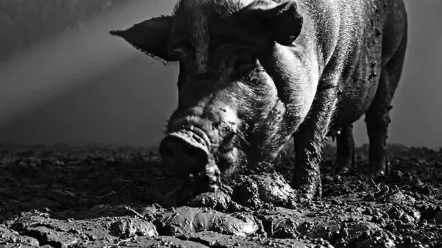 Black and white close up of a muddy pig rooting in the earth with a beam of light in the background
