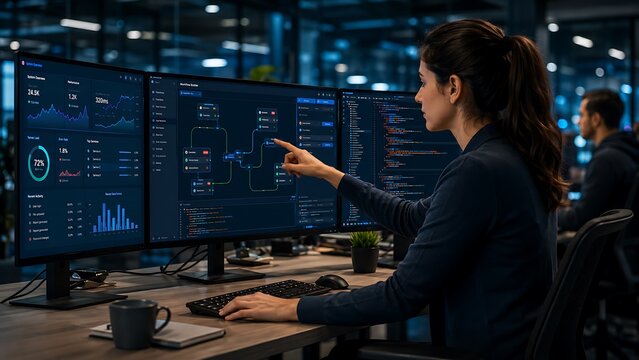 Professional analyst monitoring stock market dashboards in office