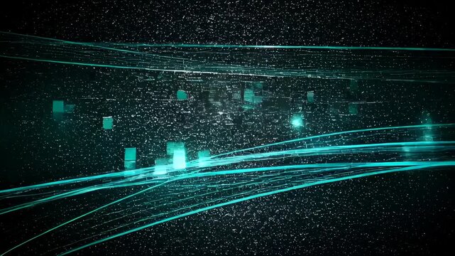 Abstract digital line music technology virus hack with glowing teal particle background, cyber concept with dark mist, turquoise light streaks, particle field, and abstract risk pattern