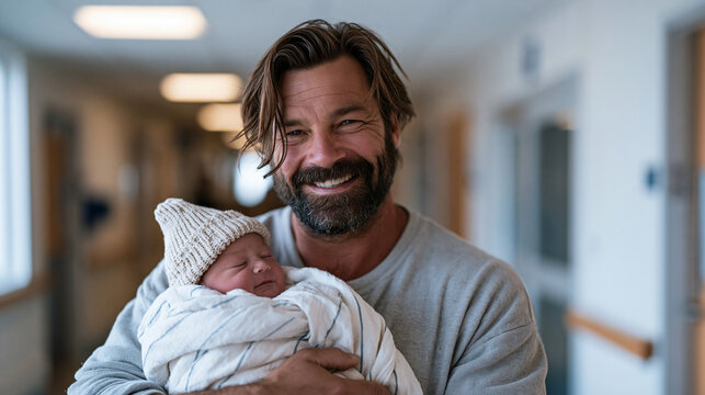 Father holding newborn in hospital corridor moments after adoption finalization, exhausted joyful expression, institutional hallway, life-changing milestone, family formation, emotional parenthood b