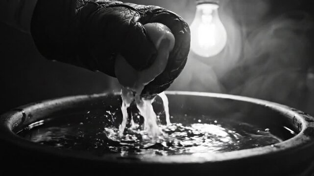 Black and white close up of a hand squeezing a lemon into a bowl of liquid creating droplets