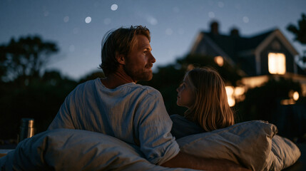 Fototapeta premium Dad and preteen daughter watching meteor shower from sleeping bags on trampoline in backyard, thermos nearby, suburban house silhouetted, summer night sky above, intimate Fathers Day eve stargazing 